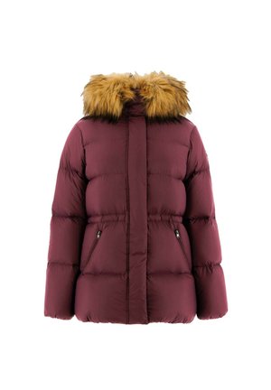 Chaqueta tipo puffer burdeos con capucha de piel sintética marrón claro desmontable. Presenta un diseño acolchado y bolsillos laterales con cremallera. Material suave e insulated.