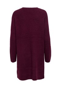 Cardigan côtelé à manches longues et longueur genou de couleur bordeaux profond, vu de dos avec un ourlet droit et un col rond.