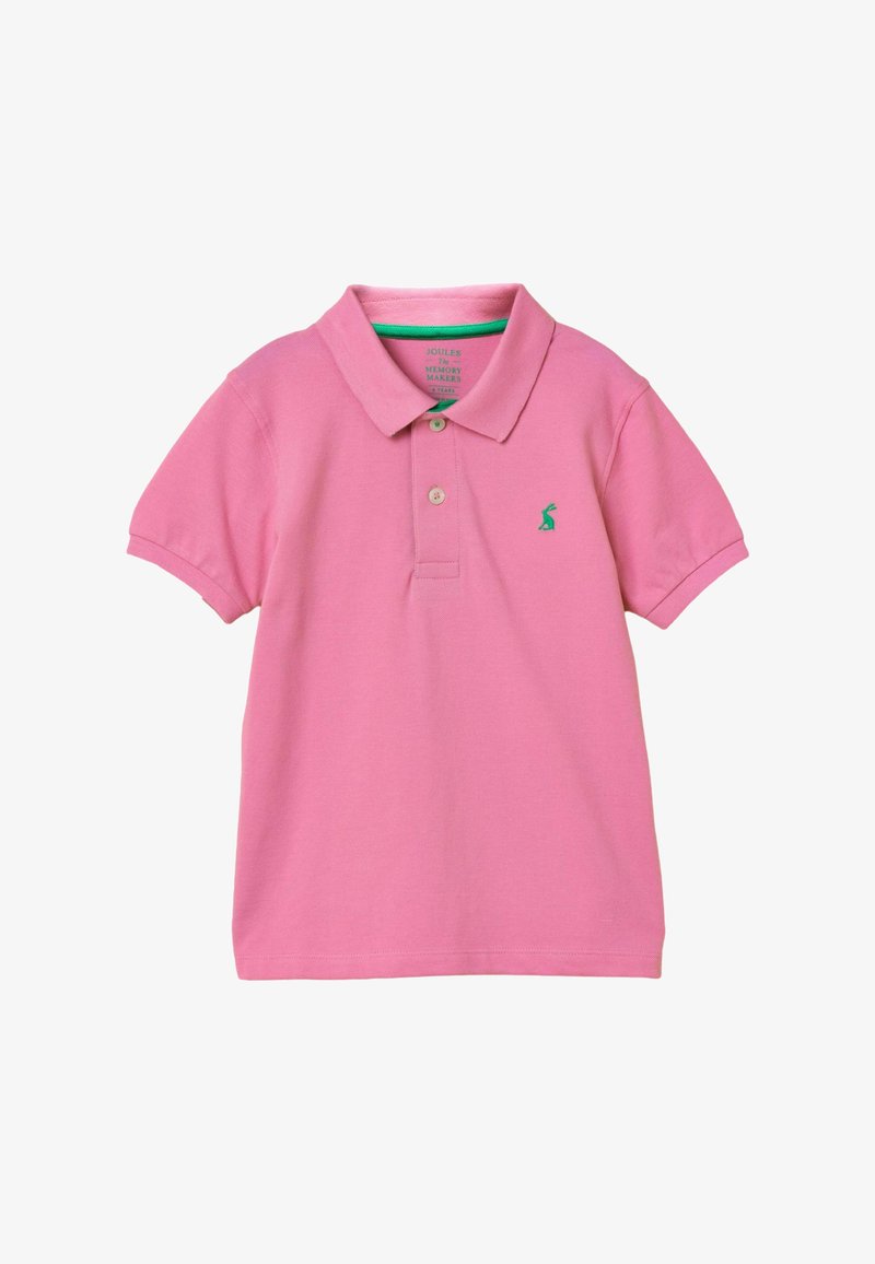 Polo rose à manches courtes avec col, deux boutons, et petit logo animalier vert brodé sur la poitrine gauche.