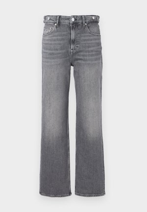 High-waisted straight-leg grey denim jeans with fading details and metal button accents on waistband and pockets.