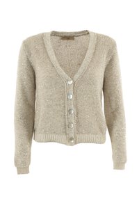 Cardigan lavorato a maglia beige con scollo a V, cinque bottoni e un motivo testurizzato. Maniche lunghe con polsini e orlo a coste.
