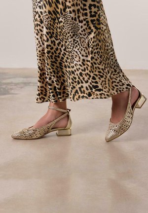 Ballerines ornées d'or avec un petit talon carré, un design ouvert à l'arrière et des brides autour de la cheville. Surface texturée avec des détails complexes.
