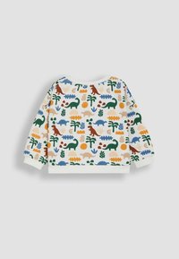 Sweatshirt en coton léger avec un imprimé multicolore de dinosaure et de plantes sur un fond blanc. Encolure ronde et manches longues.