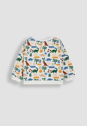 Letvægts bomulds sweatshirts med et flerfarvet dinosaur- og planteprint på hvid baggrund. Rund halsudskæring og lange ærmer.