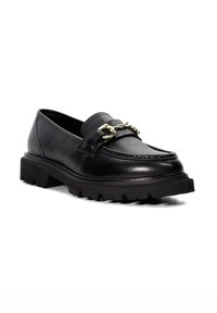 Black leather loafer with a thick, ridged sole, featuring a gold chain accent across the vamp and detailed stitching along the edges.