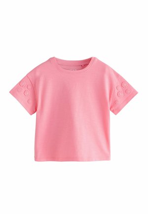 Rosa Kurzarm-T-Shirt aus weicher Baumwolle, mit floralem Stickmuster an den Ärmeln und einem runden Ausschnitt.