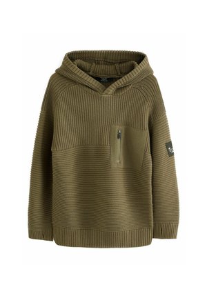 Oliwkowy hoodie wykonany z teksturowanej dzianiny, z kieszenią na suwak na klatce piersiowej, ściągaczami przy mankietach oraz przytulnym kapturem.