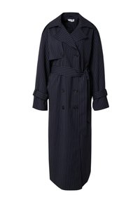 Marinblå randig trenchcoat med dubbelknäppta knappar, breda slag, midjebälte och uppvikta ärmar. Mellanlång design med avslappnad passform.