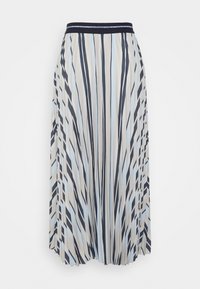 Pleated midi-hame vaale beige, laivaveneen sininen ja taivaan sininen raidallinen. Varustettu laivaveneen sinisellä vyötäröllä, virtaavalla kankaalla ja rentolla siluetilla.
