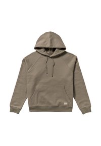 Khaki pulower z kapturem, z sznurkami, przednią kieszenią, ściągaczami przy rękawach i u dołu. Wykonany z miękkiego materiału o gładkiej strukturze.
