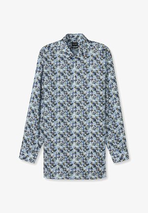 Langärmliges Hemd in Hellblau mit floralem Muster in Dunkelblau, Grün und Weiß. Mit klassischem Kragen und durchgehender Knopfleiste.