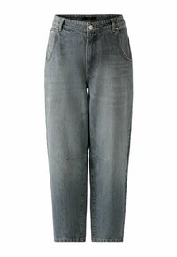 Hellgraue Jeans aus Denim mit lockerer Passform, schmal zulaufenden Beinen, zwei Fronttaschen und einem Reißverschluss mit Knopfverschluss. Ausgebleichter Stoff mit minimalem Nähen.