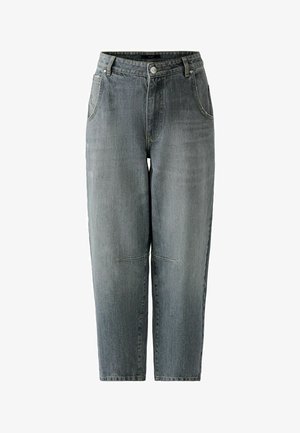 Light gray denim jeans with a loose fit, tapered legs, two front pockets, and a zip fly with button closure. Faded texture with minimal stitching.