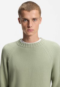 Suéter de punto verde claro con cuello redondo acanalado y mangas raglán, con un patrón texturizado y material suave y transpirable.