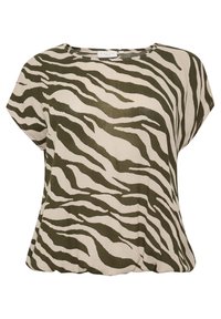 Top a maniche corte in verde oliva e crema con motivo a strisce zebrate. Realizzato in un tessuto leggero, ha una vestibilità rilassata e un collo rotondo.