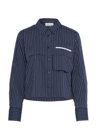 Navyblauwe gestreepte button-up shirt met een cropped ontwerp, lange mouwen, een borstzak en een subtiele witte accent op de zak.