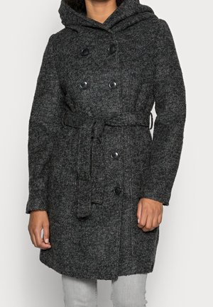 Grau, strukturierten Wollmantel mit Kapuze, doppelt knöpfbarem Design, schwarzen Knöpfen und einem taillierten Gürtel. Verfügt über lange Ärmel und eine lockere Passform.
