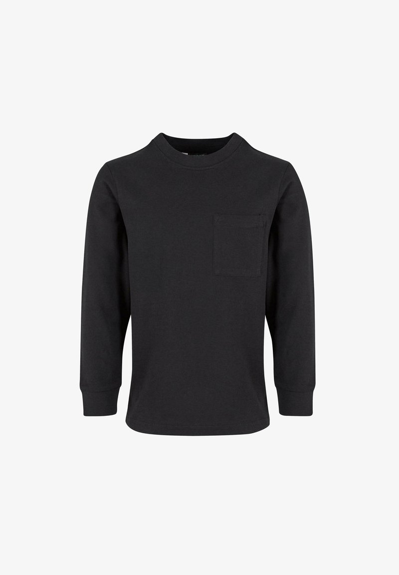 Juodas ilgomis rankovėmis marškinėliai, pagaminti iš minkštos medvilnės, su apvaliu iškirpimu ir maža kišene kairėje pusėje.