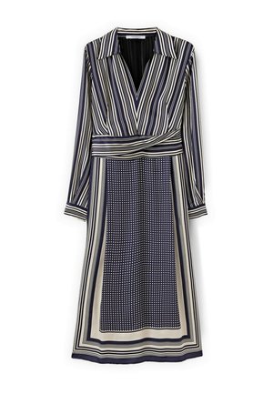 Marineblauwe en witte midi-jurk met lange mouwen, gemengde verticale strepen en een stippenpaneel, met kraag en wikkeldetail bij de taille.