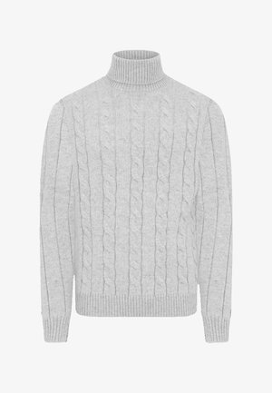 Grauer Kabelstrick-Turtleneck-Pullover mit geripptem Kragen und Bündchen, der ein strukturiertes Muster und einen weichen, dicken Stoff aufweist.