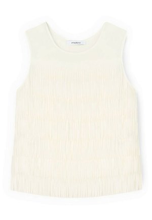 Top sin mangas color crema con líneas verticales texturizadas y escote redondo, con la etiqueta "motivi" en el interior del cuello.