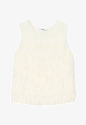 Bezręczny bladoróżowy top z teksturowanymi pionowymi liniami i okrągłym dekoltem, oznaczony metką "motivi" wewnątrz kołnierza.