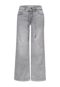 Jean en denim gris clair à jambes larges avec poches devant, fermeture par boutons, fermeture éclair et ceinture à cordon à la taille.