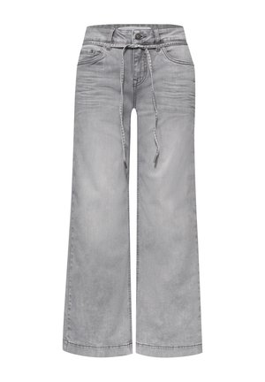 Jean en denim gris clair à jambes larges avec poches devant, fermeture par boutons, fermeture éclair et ceinture à cordon à la taille.