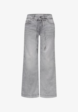 Jean en denim gris clair à jambes larges avec poches devant, fermeture par boutons, fermeture éclair et ceinture à cordon à la taille.