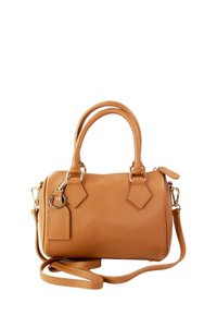 Hellbraune Lederhandtasche mit strukturierter Oberfläche, runder Form, doppelten oberen Griffen und einem abnehmbaren Schulterriemen. Mit goldfarbenen Beschlägen.