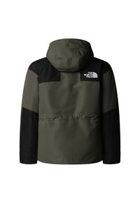 Hettejakke i olivengrønn og svart, med en vertikal brystlomme, stoffteksturer og North Face-logo på baksiden.