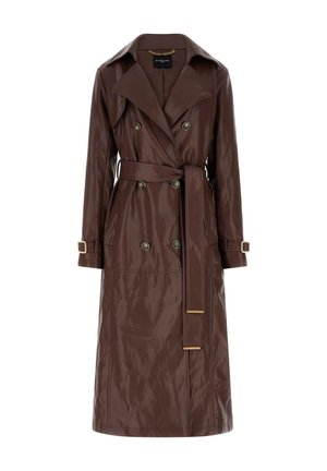 Bruine dubbelgeknoopte trenchcoat met brede revers, ceintuur in de taille, gespen op de manchetten en een licht glanzende afwerking.