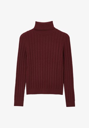 Burgunderfarbener Strickpullover mit hohem Rollkragen, der eine gerippte Textur und eine taillierte Silhouette aufweist. Lange Ärmel enden mit gerippten Bündchen.