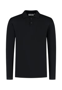 Zwarte poloshirt met lange mouwen, gemaakt van gladde stof, met een klassieke kraag, drie-knopen sluiting en zonder zichtbare patronen of accenten.