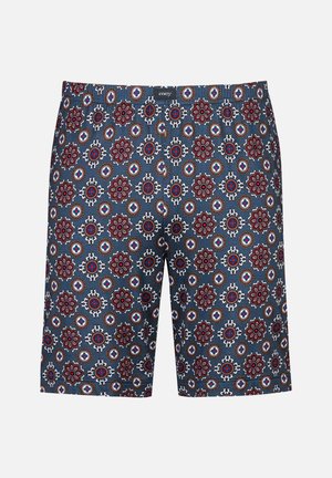 Heren blauwe shorts met rode en witte bloem- en cirkelpatronen, elastische tailleband en een "mey" label op de voorkant in het midden.