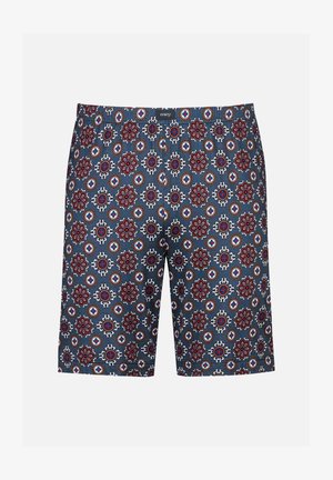 Herrenblaue Shorts mit roten und weißen Blumen- und Kreis-Mustern, elastischem Bund und "mey"-Label auf der Vorderseite.