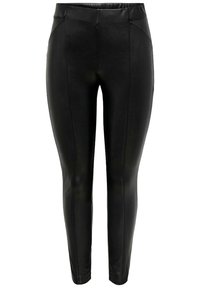 Leggings en simili cuir noir avec un design ajusté, dotés d'une taille haute, de coutures verticales et d'une texture lisse et brillante.