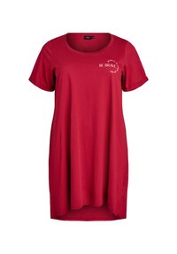 Red short-sleeve casual dress with round neckline and white text "BE BRAVE" in circular design on upper left chest.