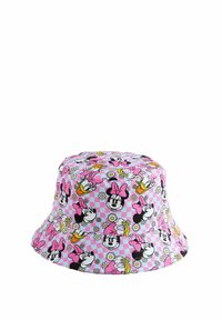 Chapeau seau en tissu avec un motif à carreaux roses, illustré de dessins de Minnie Mouse et de Daisy Duck, agrémenté de marguerites.