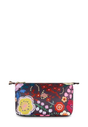 Kleurige tas met bloemenpatroon op een donkere achtergrond. Gemaakt van stof met een ritssluiting en een decoratieve trekker. Beschikt over verschillende bloemens designs.