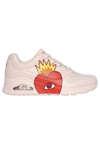 Pink leather sneaker featuring a red heart graphic with a yellow crown, lace-up design, and visible air cushion in the sole.