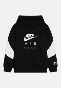 Zwarte hoodie met een wit Nike-logo en "AIR" opdruk. Elastische manchetten en zoom, met contrasterende witte zijkanten en een voorzak.