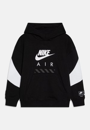 Hanorac negru cu logo alb Nike și inscripția "AIR". Manșete și tiv elastice, cu panouri laterale albe în contrast și buzunar frontal.