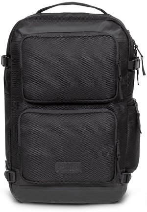 Black Eastpak backpack with two front zippered pockets, side buckles, top handle, and textured fabric surface.