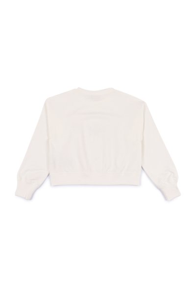 Sweatshirt bianco accorciato realizzato in morbido cotone misto, caratterizzato da maniche lunghe, polsini a costine e scollo rotondo. Vista posteriore mostrata.