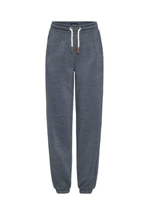 Pantaloni jogger grigio scuro con vita elastica, lacci bianchi, tasche laterali e polsini elasticizzati.