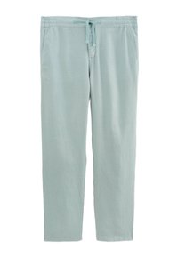 Pantalons en tissu tissé bleu clair, avec une taille élastique, un cordon de serrage ajustable et des poches latérales. Design à jambe droite avec une texture douce.