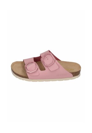 Pink slide sandal featuring two adjustable straps, rounded octagonal hardware, a cork footbed, and a white rubber outsole.