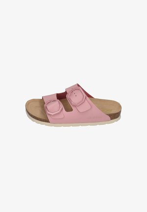 Pink slide sandal featuring two adjustable straps, rounded octagonal hardware, a cork footbed, and a white rubber outsole.