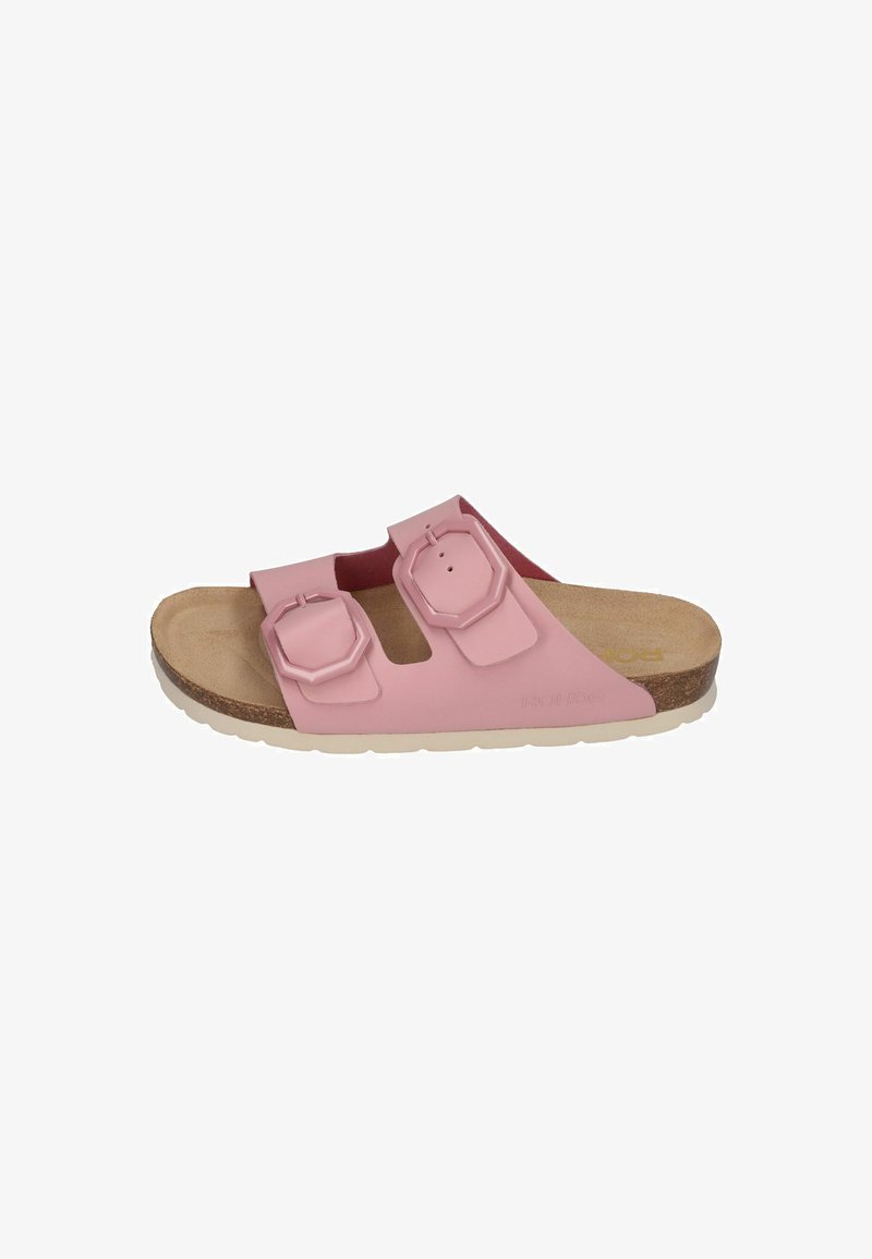 Pink slide sandal featuring two adjustable straps, rounded octagonal hardware, a cork footbed, and a white rubber outsole.